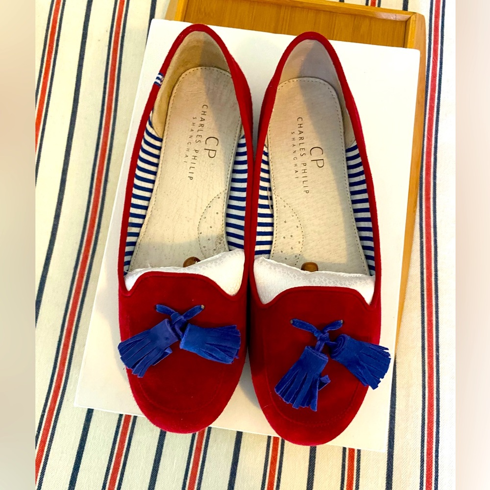 Charles Philip moccasin, size 9.5 red (Bordeaux) blue tassel- suede upper